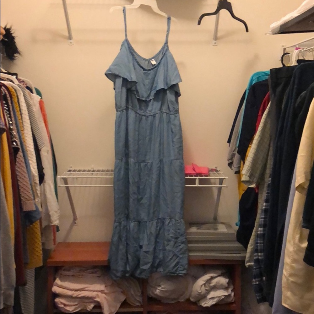 Chambray cold shoulder ruffle dress